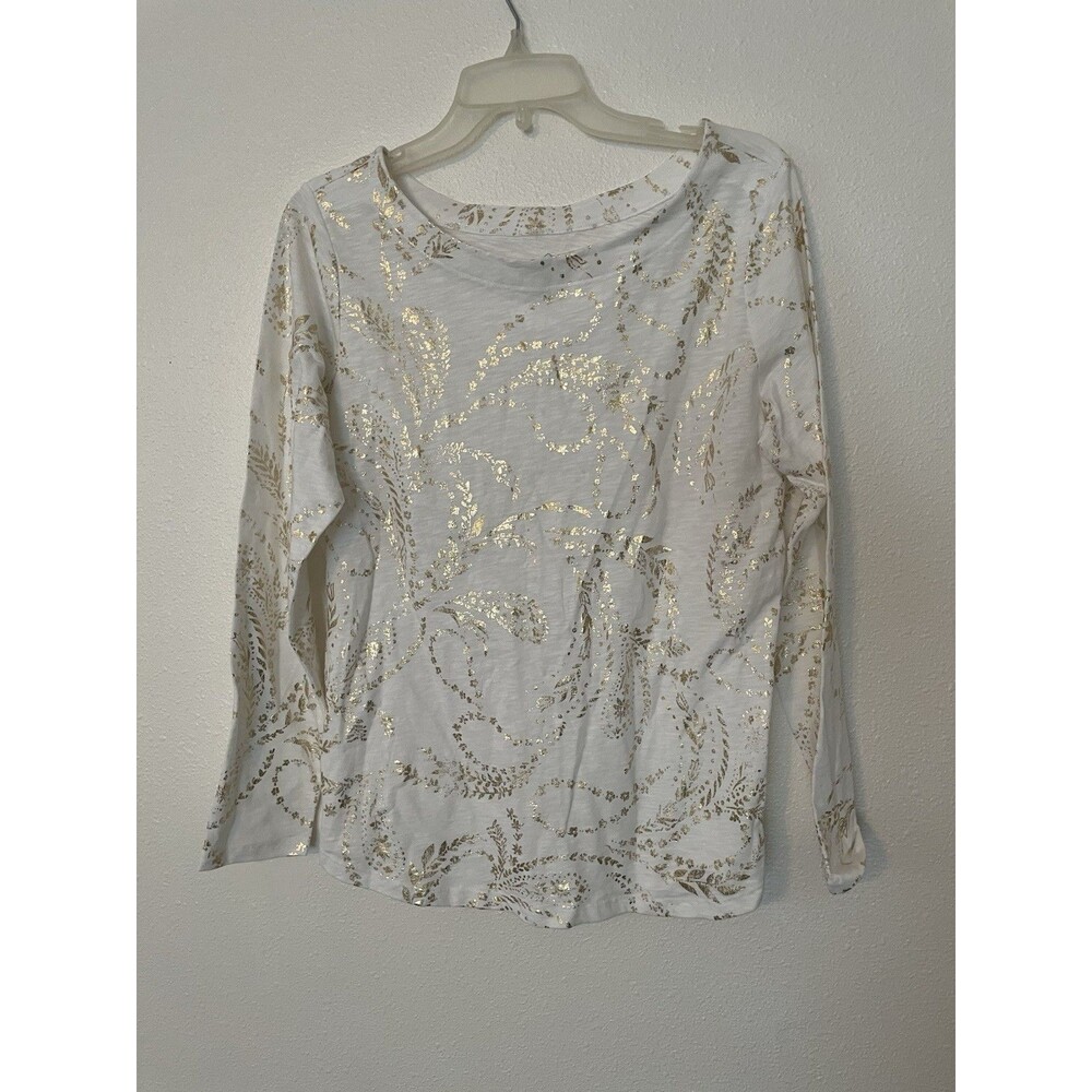 Women's St John's Bay Medium Blouse Long Sleeve Paisley Gold White Floral Shirt